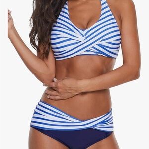 Halter Neck Twist Front High Waisted Bikini Set in White and Navy